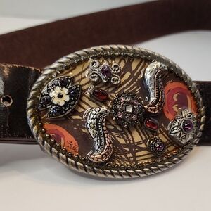 GORGEOUS Western Belt Buckle Oval Embellished  Brown&Brass Tones W/ Brown Belt